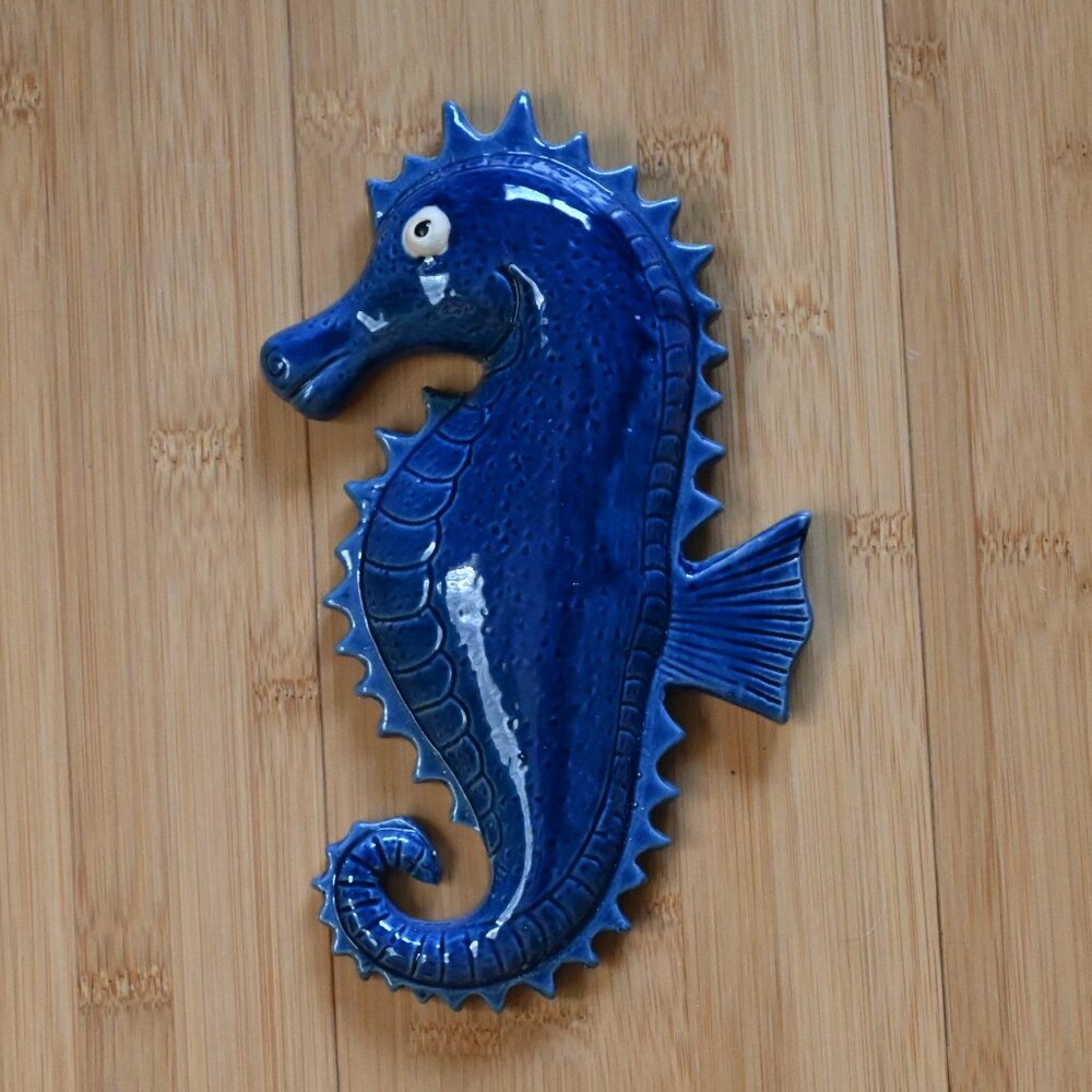Cobalt Blue High Gloss Ceramic Glazed Seahorse Wall Plate Decor